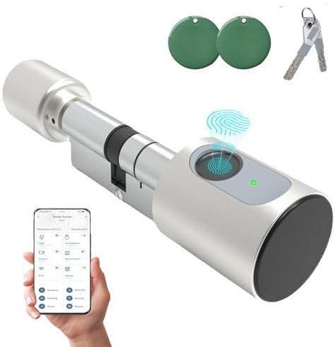 Serratura con impronte digitali – Smart Lock per porta di casa, apriporta a cilindro elettronico con impronte digitali e 2 chiavi e 2 schede RFID Tuya APP di sblocco, argento