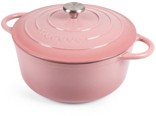 Nuovva Enamelled Cast Iron Dutch Oven Pot with Lid – 6.4 Quart Casserole Dish – Ceramic Dutch Oven for Bread Baking, Roasting, Braising & Stews – Oven Safe up to 500°F – 28cm Pink