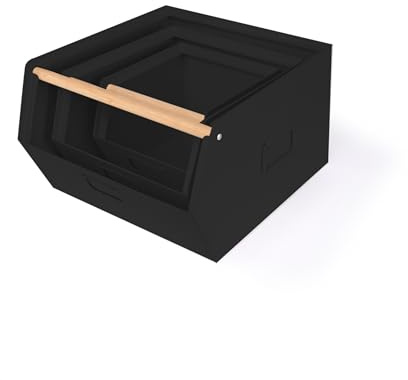 LIN HOME XZ-22276-2 Juego de 3 Cajas de Metal Apilables con Mango de Madera - Organizadores Multiusos para Cocina, Oficina o Hogar - Fuertes, Elegantes y Duraderas (Negro)