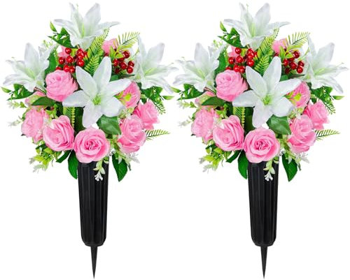Velibobo Set of 2 Artificial Grave Flowers, 18 Heads Memorial Cemetery Flowers, Funeral Rose Bouquets with Vases for Outdoor Graveside Decoration