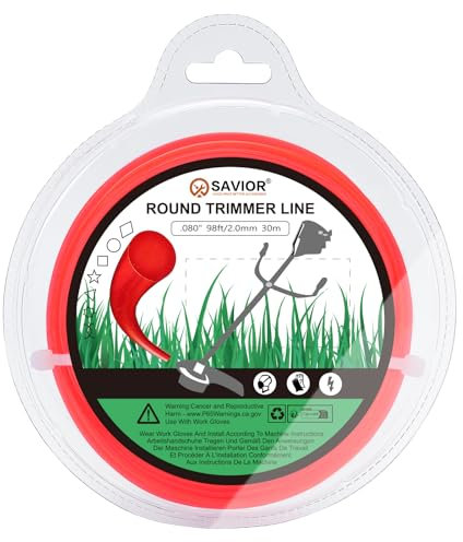 Savior Universal Strimmer Wire 2.0mm x 30m String Trimmer Line 2mm Strimmer Line Round Nylon Grass Strimmer Cord for Park Garden Field Lawn, 2mm (0.08) x 30m Round