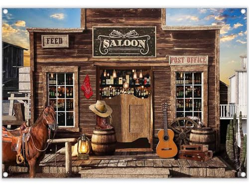 Luminora Tyg 2,1 x 1,5 m västerländsk cowboy fotografi bakgrund rustik lantlig bar trähus vilda västern bakgrund barn vuxna festdekorationer fotobanderoll bås