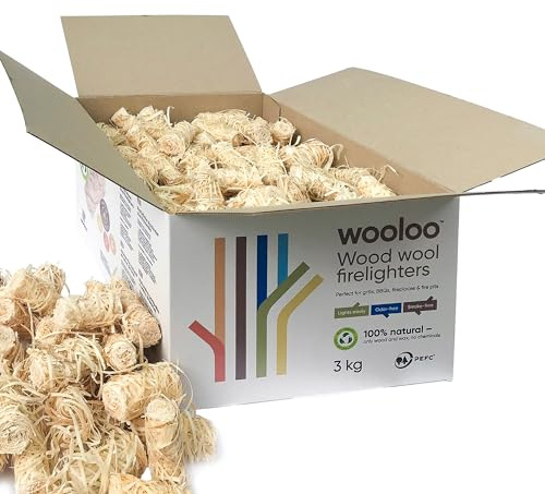 WOOLOO Encendedor de lana de madera de alta calidad, 3 kg (aprox. 300 unidades) | Encendedor ecológico para chimenea y barbacoa de lana de madera y cera, larga duración de combustión, inodoro y sin