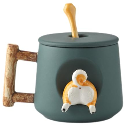 Taza de perro – Taza de perro, lindo animal de cerámica 3D | café Shiba con tapa y cuchara, taza de té de dibujos animados de 420 ml, regalo creativo para amantes, lindo cachorro taza de