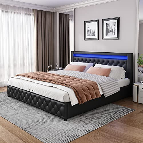 Zepneiy Bett 180×200 mit LED, Polsterbett 180×200 mit Stauraum, Doppelbett mit Lattenrost und Kopfteil, Jugendbett Bettgestell PU Schwarz(Ohne Matratze)