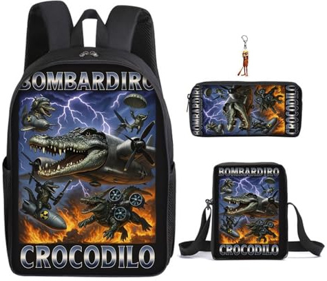 Lot de 3 sacs à dos italiens avec porte-clés, 40,6 cm imprimé 3D dessin animé, sac à déjeuner haute capacité, cartable pour garçon et fille., C, 16in