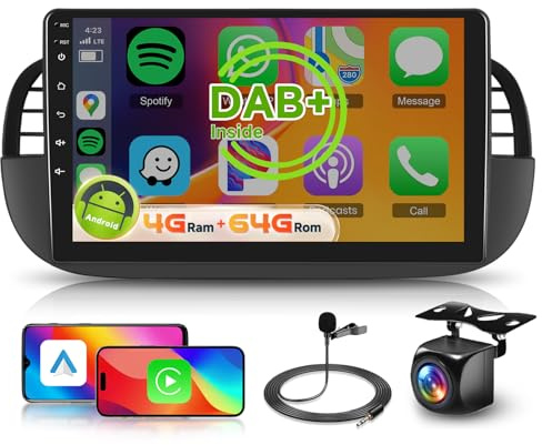 【8 Núcleo 4+64G】 Hodozzy Carplay Dab/Dab+ Radio Coche para Fiat 500 2007-2015,9 Pulgadas Autorradio Android con Pantalla Táctil con Android Auto/WiFi/GPS/RDS/FM/DSP/Bluetooth/USB
