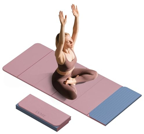 Foldable Yoga Mat 0.32 inches Thick(8mm), SGS Certified POE Material, Non Slip, 71 x 24 inches, Foldable for Travel, Pilates, Camping, Environmental Sports Mat, Odorless (Dark Pink + Deep Silver)