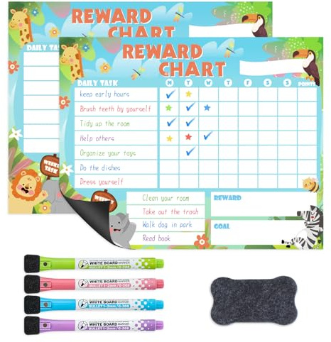 2 Pack Magnetic Reward Charts for Kids, Fridge Behaviour Charts, Animal