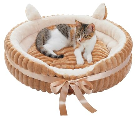PAWZ Road Katzenbett waschbar, Hundebett kleine Hunde, Rundes, Flauschiges Katzenkissen, Katzenschlafplatz-Bettchen, Katzenkorb, Braun-Bogenstil, 50x50x20cm