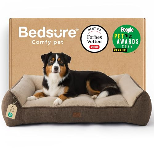 BEDSURE waschbares Hundebett Grosse Hunde - 114x81x24cm extra Dicke unterstützende Hundesofa mit wasserdichter Hülle, rutschfest Hundekorb große mit weichem plüsch Sherpa,braun | druckentlastendes Hundesofa mit wasserdichter & wasschbarer Hülle, rutschfestes Bett mit weichem Sherpa-Plüsch, braun