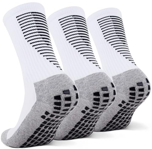 KEWUF 3 Paires Chaussettes Antidérapantes Foot, EU 39-46 Chaussette Antidérapante Foot Chaussettes Antiderapantes Homme Femme, Chaussette foot, Chaussette Sport pour Football Basket Rugby - Blanc