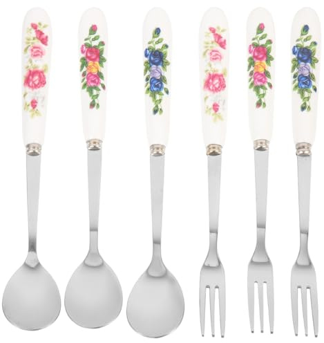 COLLBATH Tenedores y Cucharas De Postre De Acero Inoxidable y Cerámica, Multicolor, Resistentes Al Desgaste, Ergonómicos, Para Aperitivos y Fiestas, Set De 6 Piezas