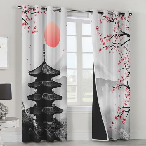Genérico Cortinas Salon Pagoda Japonesa, Cortinas Dormitorio Pintura con Tinta Oriental Decoracion Habitacion Ventana, Termicas Aislantes, con Anillas, 75x166 2 Piezas (An X Al) L-C&55