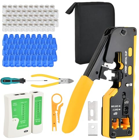 Mapille RJ45 Crimpzange Set mit Netzwerkkabel Tester, LAN Stecker Auflegewerkzeug, 50 CAT6 Kabel Stecker, Knickschutztüllen, Netzwerk Reparatur Kit für CAT5/CAT5e/CAT6/CAT6A/CAT7