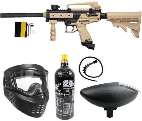 Maddog Tippmann Cronus Tactical Paintball Gun Marker and Bronze CO2 Accessory Starter Package | Comes with Marker, Anti-Fog Mask, Hopper, & 20oz CO2 Tank - Black/Tan