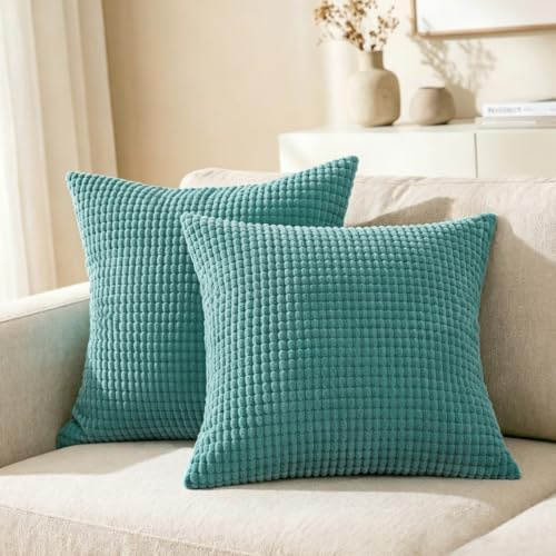 CaliTime Kissenbezüge Kissenhülle 2er-Pack Bequeme Kissenbezüge für Couch, Schlafsofa, bequem, superweich, Kordsamt, Maisstreifen, beidseitig, 50 cm x 50 cm, Blaugrün