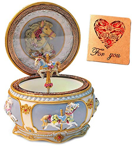 Briskfeel Classical Carousel Horse Music Box LED lights Twinkling Resin Carved Collectible Mechanical Musical Box with Sankyo 18-Note Horse Rotates with Music