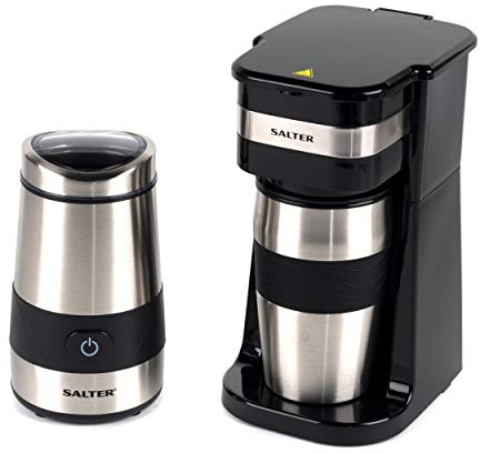 Salter COMBO-4773 Digital Coffee Maker to Go & Grinder - 420ml Stainless Steel Travel Mug, Personal One Cup Coffee Machine, LCD Display, 60g Grinding Mill, One Touch Operation & Fast Grinding