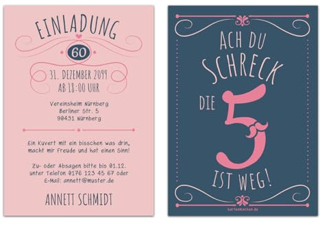 Kartenmachen.de Individuelle 60. Geburtstag Einladungskarten DIN A6 (148x105mm) - Ach du Schreck, die 5 ist weg - ab 10 Stück Sets