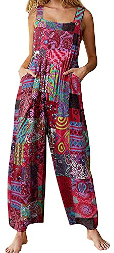 Acrawnni Hängselbyxor för kvinnor vintage blommigt tryck lös ledig säckig ärmlös overall lång overall lekdräkt byxor sparkdräkt, A-rött, S