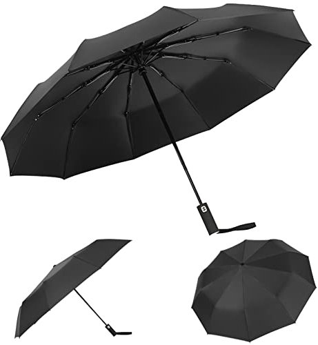 XuanMax Sturmfest Klappschirm mit Vinylbeschichtung Auf-Zu-Automatik 10 Rippen Tragbar Regenschirm UV-Schutz Taschenschirm Sonne/Regen Kompakt Robust für Damen Herren Erwachsene Kinder - Schwarz