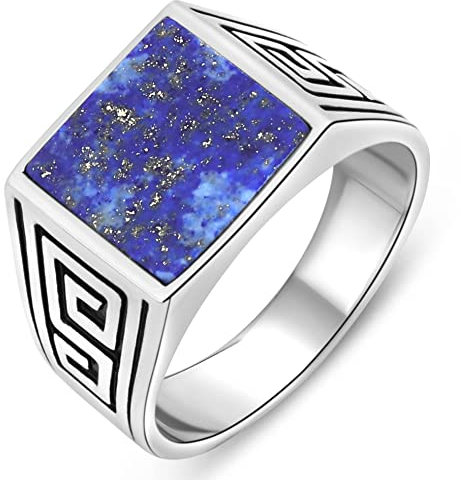 Tony Fein Herren Siegel Ring Lapislazuli Griechisches Muster 62 (19,7 mm Ø)
