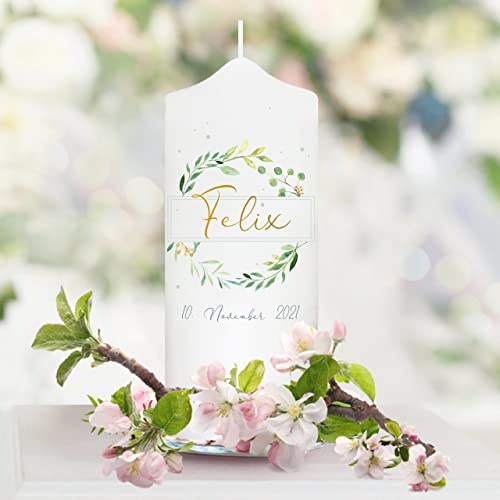 Wandtattoo Loft Taufkerze Junge Mädchen Baum Blätterkranz grün pastell bedruckt mit Namen, Datum und auf Wunsch eigenem, vorgegebenem oder keinem Taufspruch, Patenkerze 18 x 7 cm