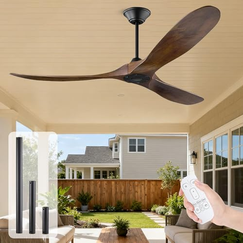 OUENGK 132cm Deckenventilator Mit Fernbedienung Ohne Licht, Deckenventilator Outdoor Holz, Deckenventilator Ohne Beleuchtung, für Terrasse Pavillon Schlafzimmer, Geräuscharmer Reversibler DC-Motor
