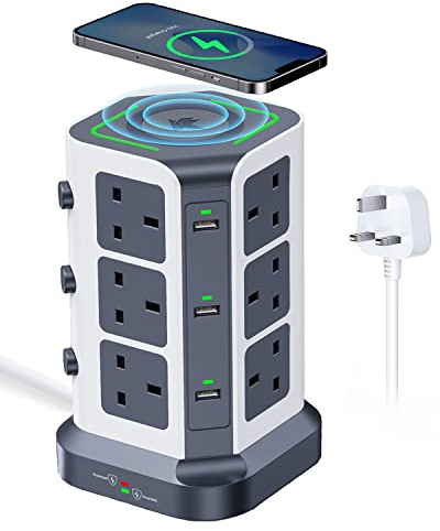 KOOSLA Tower Extension Lead, Wireless Charger, 12 Way, 2M, Grey