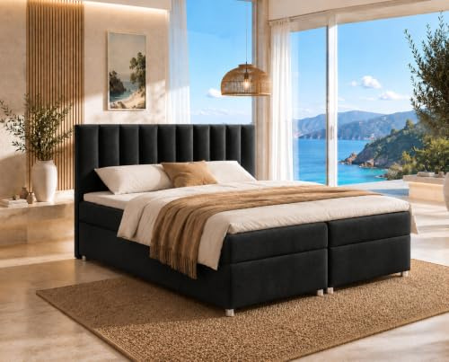 Best for Home Boxspringbett mit Bettkasten Trinity K-10 Bonellfederkern inkl. Topper 200x200 Schwarz