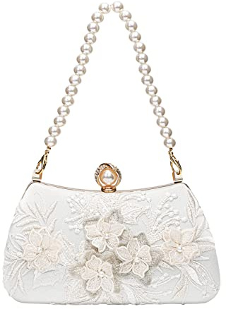 Mulian LilY Premium Floral Lace Satin Pearl Top Handle Clutch Handbag With Detachable Chain flower wedding Bridal Bag