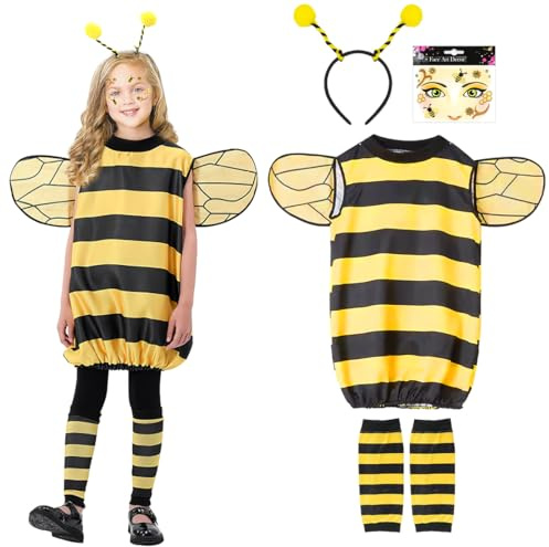 Sprinlot Déguisement Abeille Enfant, Jaune Robe Rayée, Abeille Bandeau, Costume d'Abeille avec Ailes, Abeille Costumes pour Carnaval Cosplay Animaux Fête