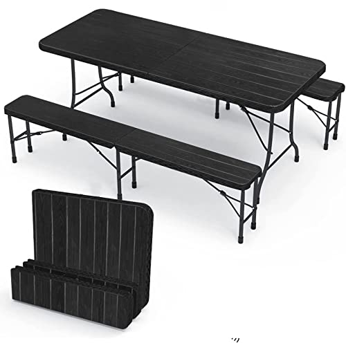 IZTOSS Ensemble Table Pliante et 2 Bancs - Table de Jardin 8 Personnes - pour la Terrasse, Le Camping, Le Jardin, Pique - Nique Noir (1xTable+2xBanc)