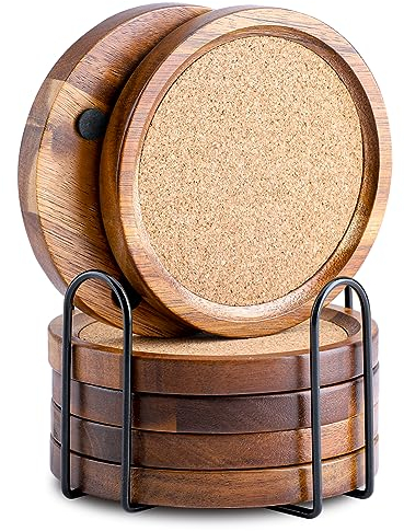 WLWNWFT Untersetzer Holz für Gläser 6er Set, 11 cm Untersetzer Gläser Kork mit Halter, Glasuntersetzer Holz Korkuntersetzer Rund für Getränke, Bar, Tassen, Glas
