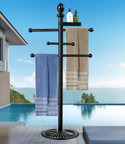 Poolhandduksställ utomhus, 6 barer metall slitstark lutar aldrig pooltillbehör med tung metallbas, badtunna tillbehör handduk döende ställ handduksstativ för pool, spa