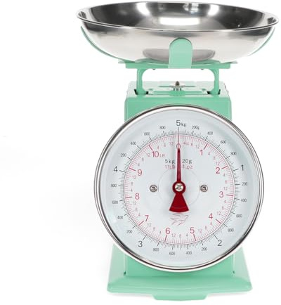 REX LONDON Nostalgische Küchenwaage Mintgrün – Retro-Design, mechanische Küchenwaage bis 5 kg, Vintage Waage mit Edelstahlschüssel, dekorativ & funktional