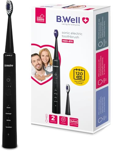 B. Well Swiss Elektrische Schallzahnbürste MED-870, Zahnbürste mit 4 Betriebsmodi, 3 Intensitätsstufen und 4 Monaten Akkulaufzeit und Timer, Inkl. 2 Bürstenköpfen mit DuPont-Premium-Borsten, Schwarz