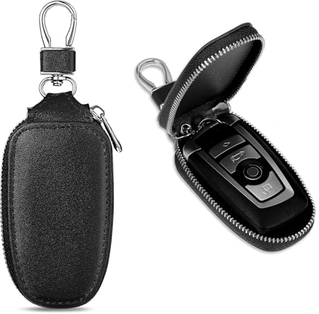 Andibro Universal Car Key Fob Case, PU Leather Car Key Fob Holder Key Organizer with Metal Hook Remote Key Fob Cover with Keychain(black)