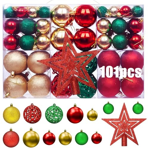 UCAMP Weihnachtskugeln,Christbaumschmuck 101-Teiliges Set,Christbaumkugeln mit Verpackung,Mehrweg Weihnachtsdeko mit 1x Baumspitze Glitzer Stern,Kunststoff Christbaumkugeln Oberfläche Funkeln