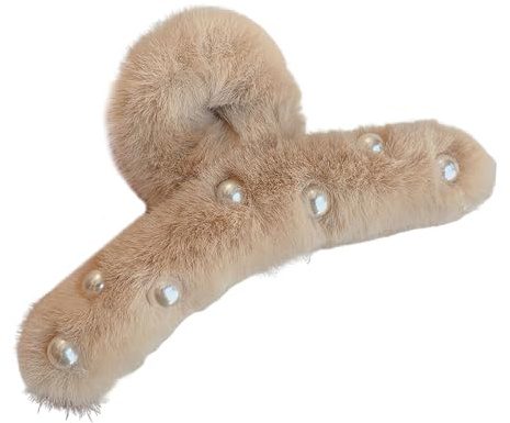 Hair Claw Clip Luster-retaining Hairpin Women Faux Pearls Decor Plush Wrapped Anti-slip Teeth Back Head Clamp Khaki
