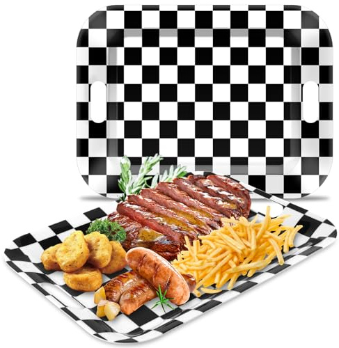 gisgfim 2Pcs Black Checkered Serving Trays with Handles 16 x 11 Inch Large Melamine Tray Rectangular Racing Serving Platter Black White Gingham Tray Melamine Dishes for Serving Food Dinner Dessert Set