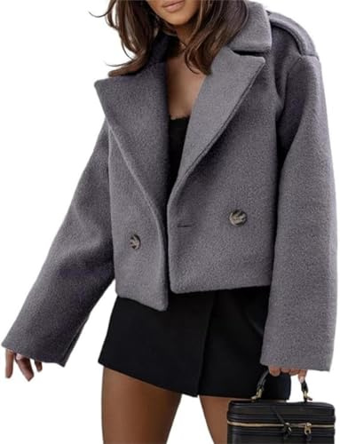 xxxiticat Manteau trench court pour femmes en mélange de laine automne hiver caban double boutonnage blazer vestes manteau mode, gris, S