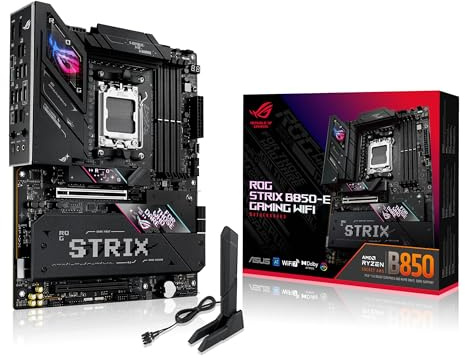 ASUS ROG Strix B850-E Carte mère AMD AM5 B850 ATX 16 + 2 étapes Dynamic OC, Core Flex, DDR5 avec AEMP, WiFi 7, 5X M.2, 5G LAN, PCIe 5.0, USB4, USB 20 Gbit/s Type-C, AI OC, Réseau AI, Noir