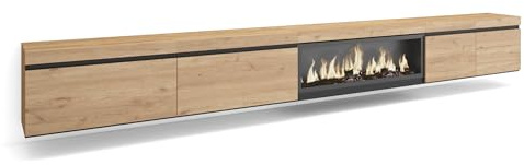 Skraut Home | Mueble TV | Televisión | Muebles de salón, almacenaje | 368x45x35 | Chimenea eléctrica XXL | Colgado, Suspendido | Estilo Moderno | Roble