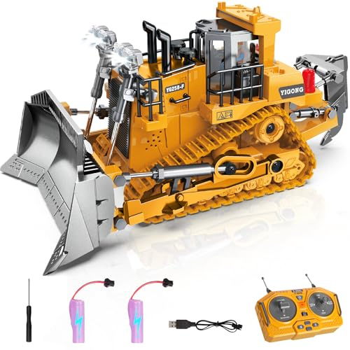 KIZJORYA Bulldozer Telecomandato, Giocattolo da Costruzione RC a 9 Canali con Luci, Suono e Batteria Ricaricabile, Regalo Giocattolo Bulldozer per Bambini di Età Compresa Tra 6 e 12 Anni (2.4 GHz)