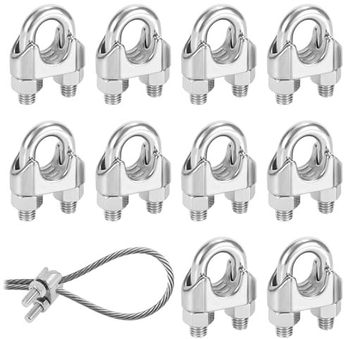 10 Pcs Wire Rope Cable Clip Clamps, Stainless Steel Cable Clamps U-Shape Bolt Saddle Fastener M4 Rope Grips for Ø 4mm Wire Rope Clamp with Locknut for Industry Rigging Household Transportation