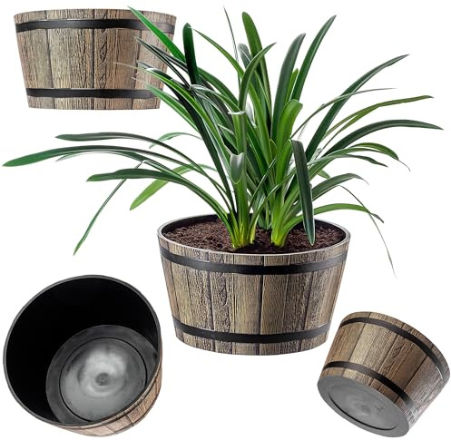 KADAX Pflanztopf im Holzfass-Design, ø 50cm, ca. 45L, aus wetterfestem Kunststoff, für Garten, Terrasse & Balkon, dekorativer Blumentopf, Blumenkübel oder Übertopf, Mokkabraun, Teich mit Wassereimer