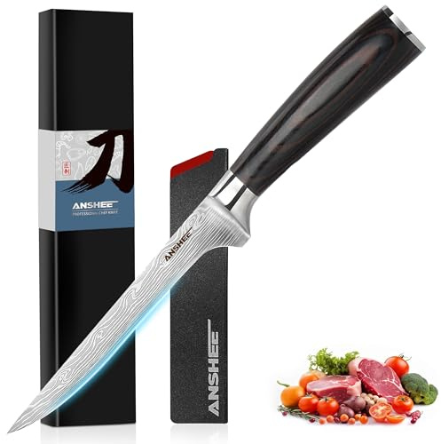 anshee 6 Inch Boning Knife - High Carbon Stainless Steel Sharp Fillet & Trimming Knife, Multipurpose Wood Handle Blade with Sheath & Gift Box for Meat, Fish & Deboning (Home & Restaurant Use)