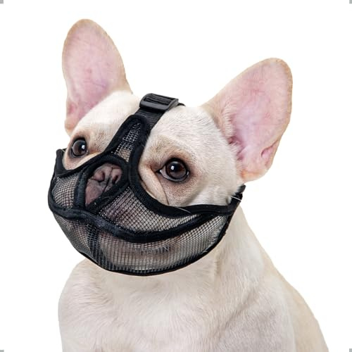 Französische Bulldogge Maulkorb, Won't Cover Stirn Hund Maulkorb für Kurze Schnauze Hund, Anti Biting Kauen Bellen, einstellbare Atmung Mesh (S,Schwarz)